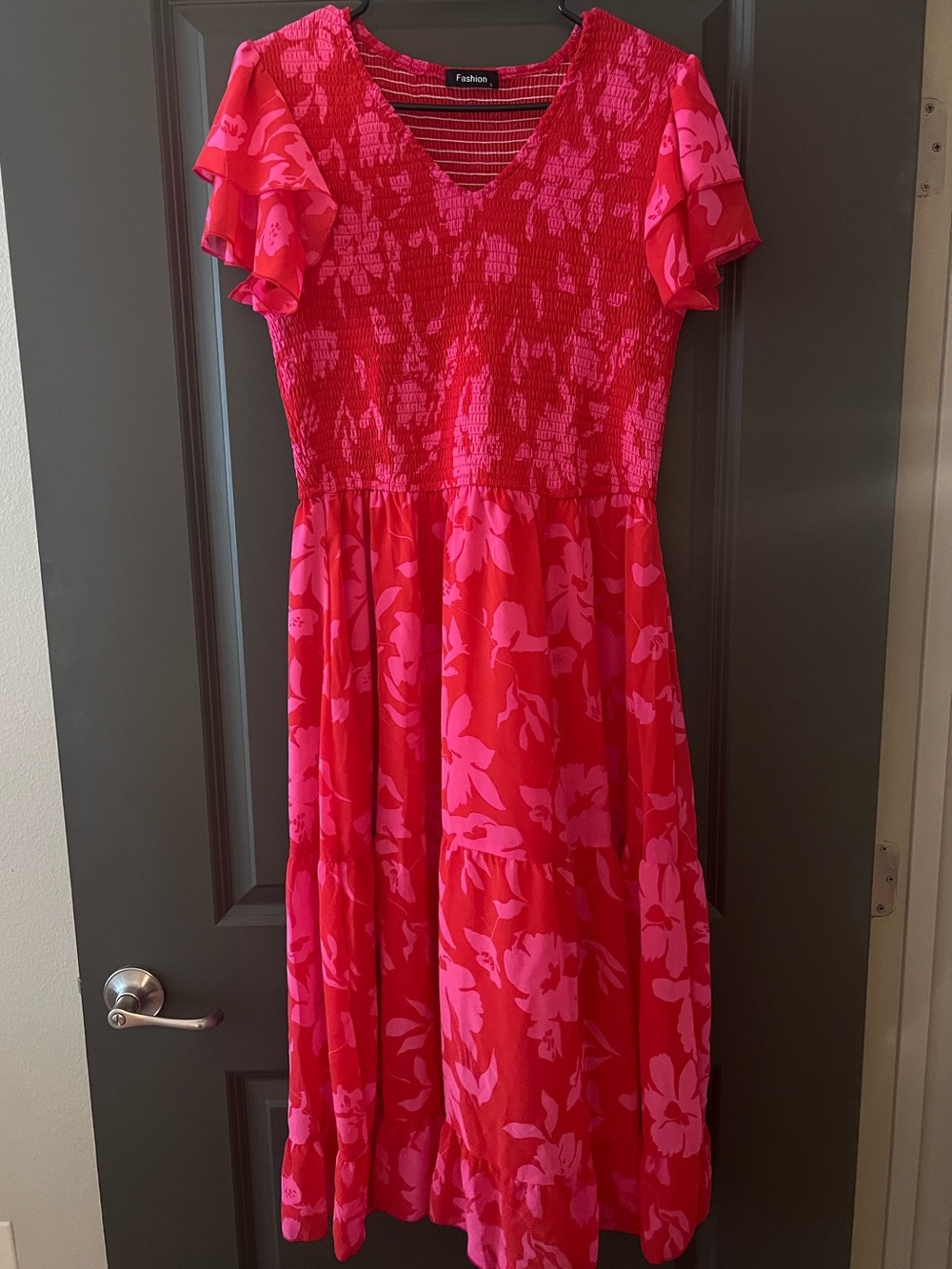 Women’s Pink and Hot Pink Floral Ruffle-Sleeve Midi Dress